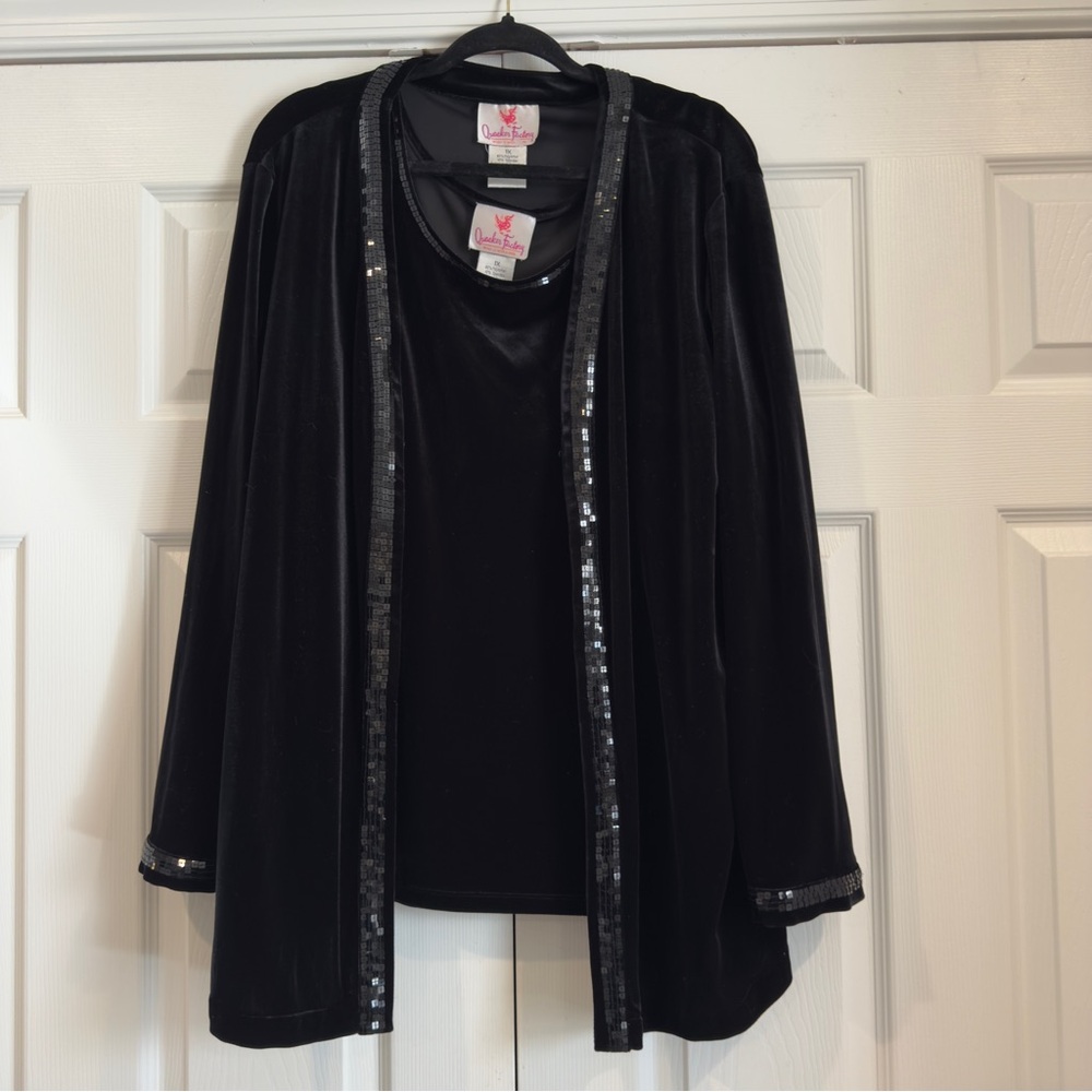 Quacker Factory Velvet Velour 2 Piece Cardigan And Tank Set Black Women Size 1X